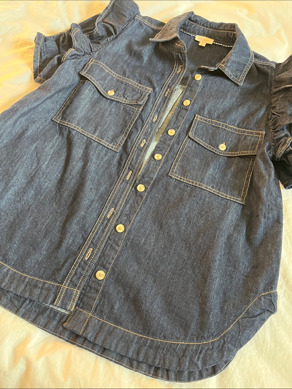 Ozzi Ruffle-Sleeve Buttondown Shirt by Pilcro Anthropologie denim puff sleeve - Picture 5 of 9